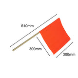 Dimension drawing of the orange traffic management flag showing a 610mm timber pole and a 300mm by 300mm flag panel
