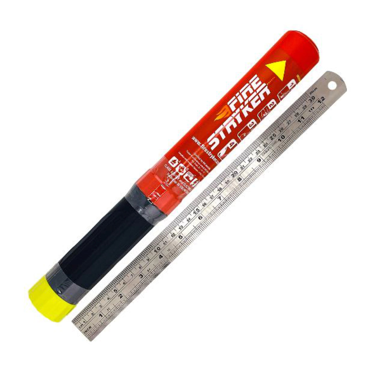 FSS100 fire suppression stick next to a steel ruler showing its 32.8cm length