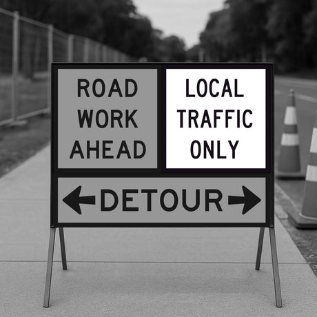 Road work ahead sign with detour instructions on a sidewalk.