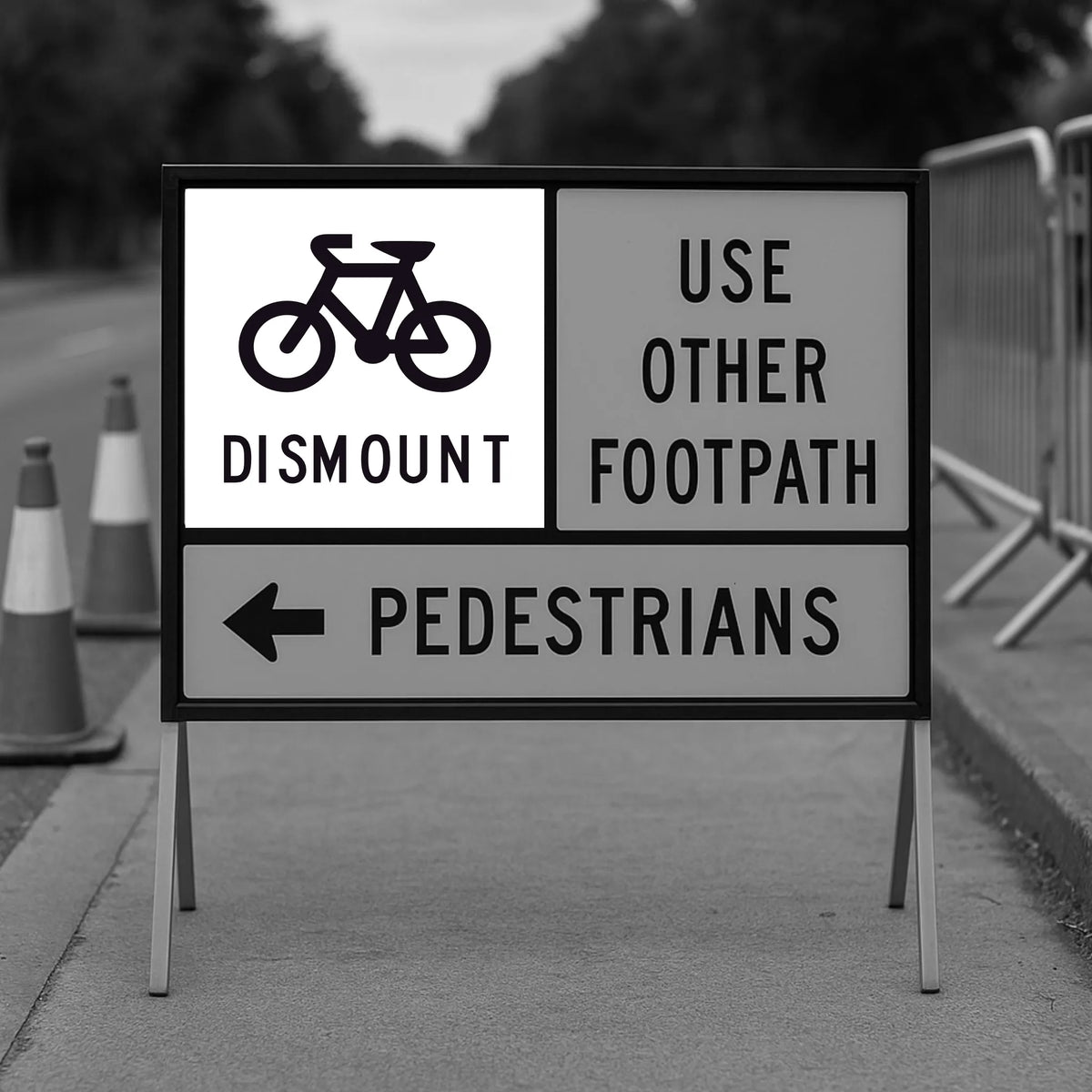 Sign with bicycle symbol and text directions on a sidewalk
