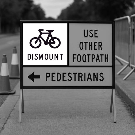 Sign with bicycle symbol and text directions on a sidewalk