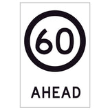 60 Speed Limit Ahead GM9-79D(60) 600x900mm corflute sign panel with black 60 speed symbol and AHEAD text on white retroreflective background