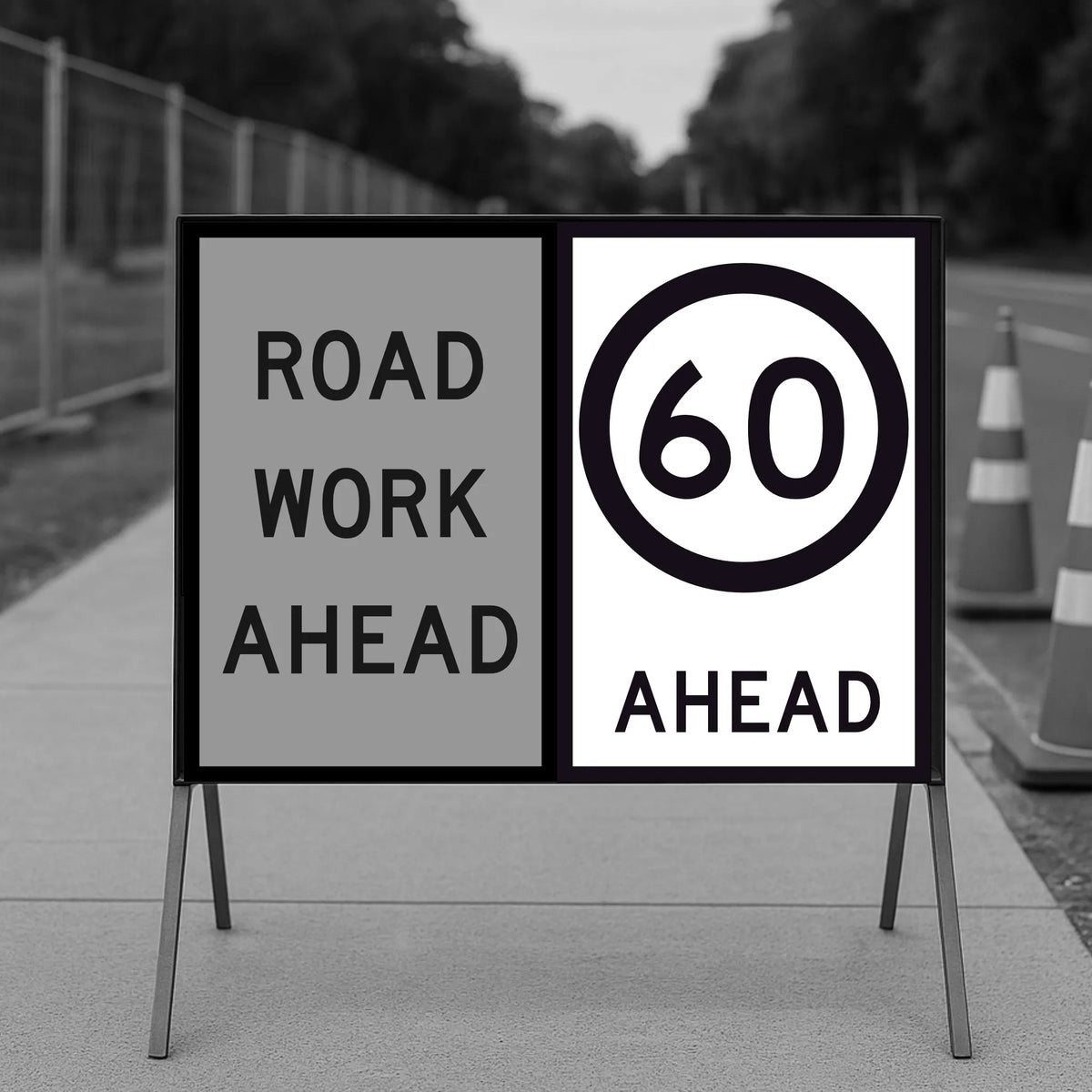 Road work ahead sign with speed limit indication on a stand.