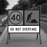temporary traffic control sign with 40 speed limit, worker and 40 speed limit zone symbol on a road.