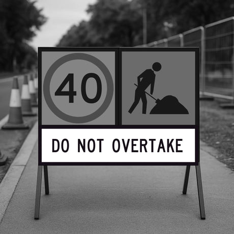 temporary traffic control sign with 40 speed limit, worker and 40 speed limit zone symbol on a road.