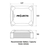 Technical drawing of a Projecta battery charger with dimensions and recommended capacity range.