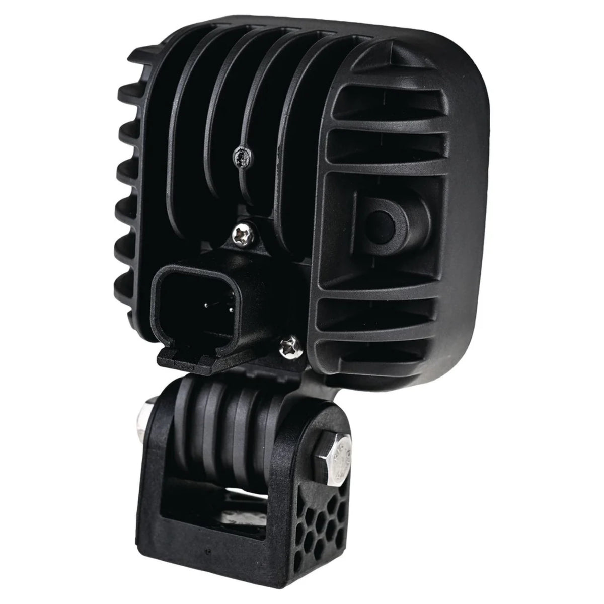 OEX LLX08308 square LED work light, rear three-quarter view showing the DT04-2P connector and mounting bracket