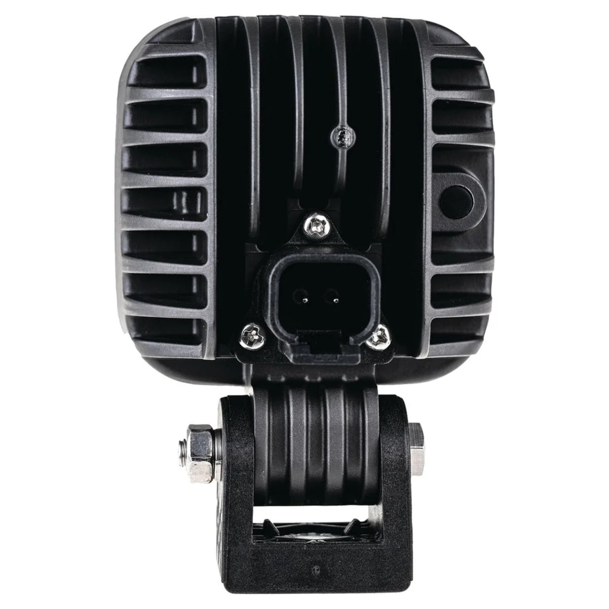 OEX LLX08308 square LED work light, rear view showing the DT04-2P connector and heat sink fins