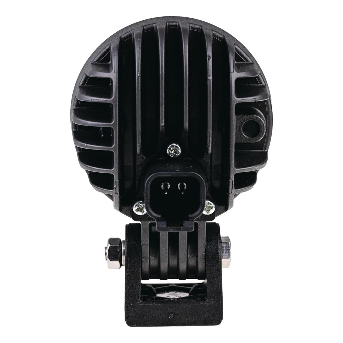 OEX LLX08309 round LED work light, rear view showing the DT04-2P connector and mounting bracket