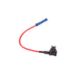 Low profile mini fuse tap with two empty fuse sockets and a red 16GA lead ending in a blue insulated crimp terminal