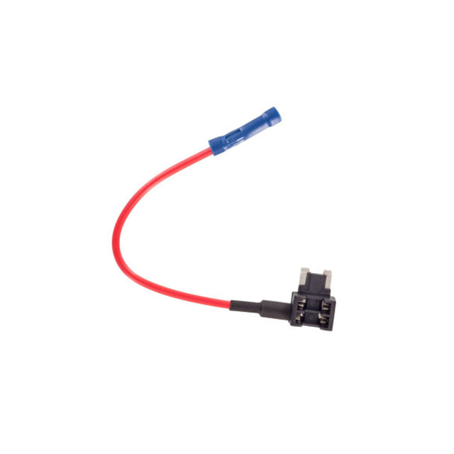 Low profile mini fuse tap with two empty fuse sockets and a red 16GA lead ending in a blue insulated crimp terminal