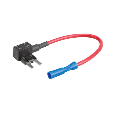 Axis fuse taps five pack retail card holding five mini blade fuse taps with red leads and blue terminals