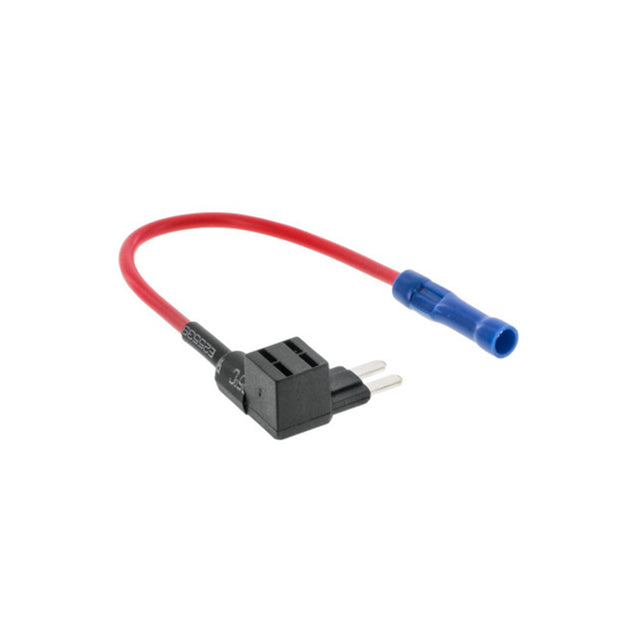 Micro2 blade fuse tap with narrow prongs and a red 16GA lead ending in a blue insulated crimp terminal