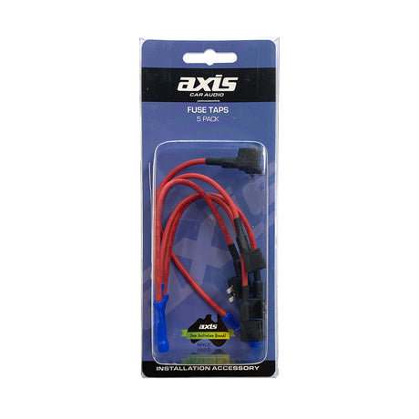 Axis fuse taps five pack retail card holding five Micro2 blade fuse taps with red leads and blue terminals