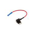 Micro3 blade fuse tap with three-terminal plug and a red 16GA lead ending in a blue insulated crimp terminal