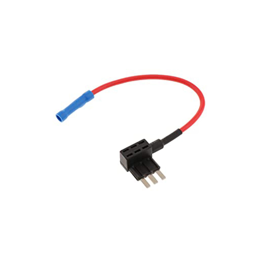 Micro3 blade fuse tap with three-terminal plug and a red 16GA lead ending in a blue insulated crimp terminal