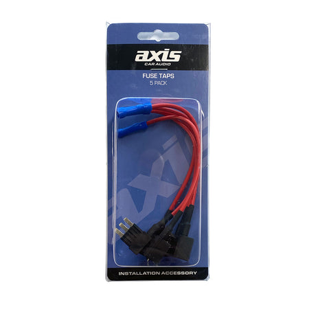 Axis fuse taps five pack retail card holding five Micro3 blade fuse taps with red leads and blue terminals