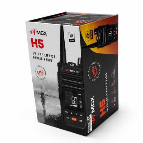 MGX H5 retail box showing the 5W UHF LMR/CB hybrid radio branding