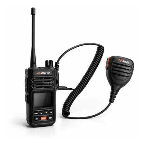 MGX H5 handheld radio connected to the H5/2M shoulder speaker microphone by coiled cable