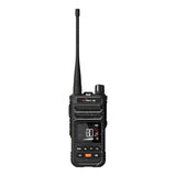 Black MGX H5 handheld UHF radio with colour display, antenna and orange replay button