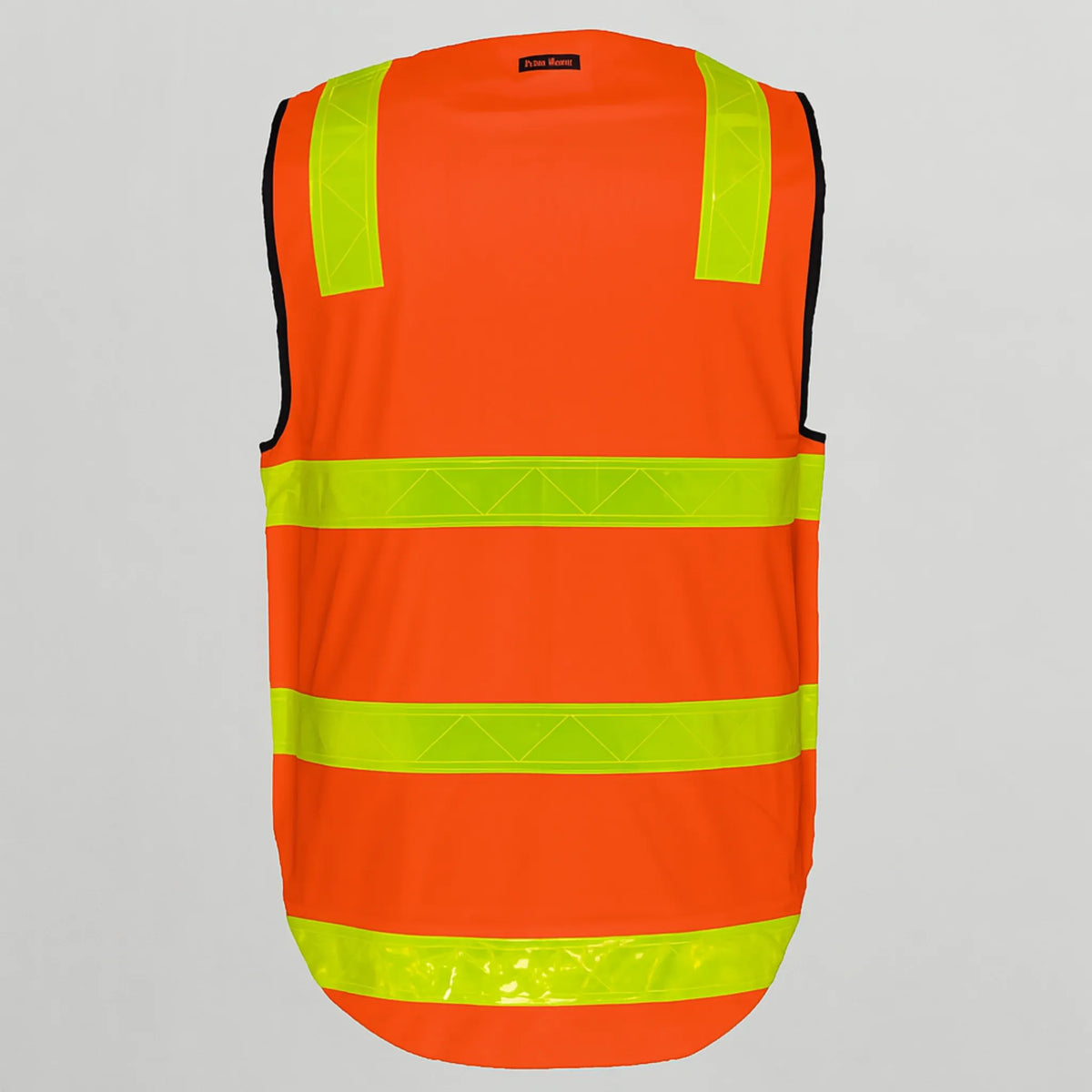 Orange safety vest with reflective yellow stripes on a white background
