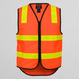 Orange safety vest with reflective yellow stripes on a white background