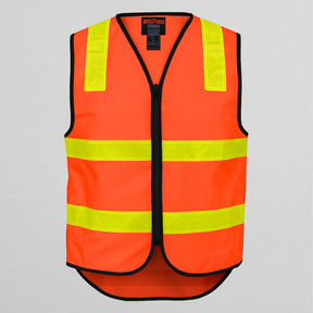 Orange safety vest with reflective yellow stripes on a white background