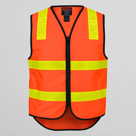 Orange safety vest with reflective yellow stripes on a white background