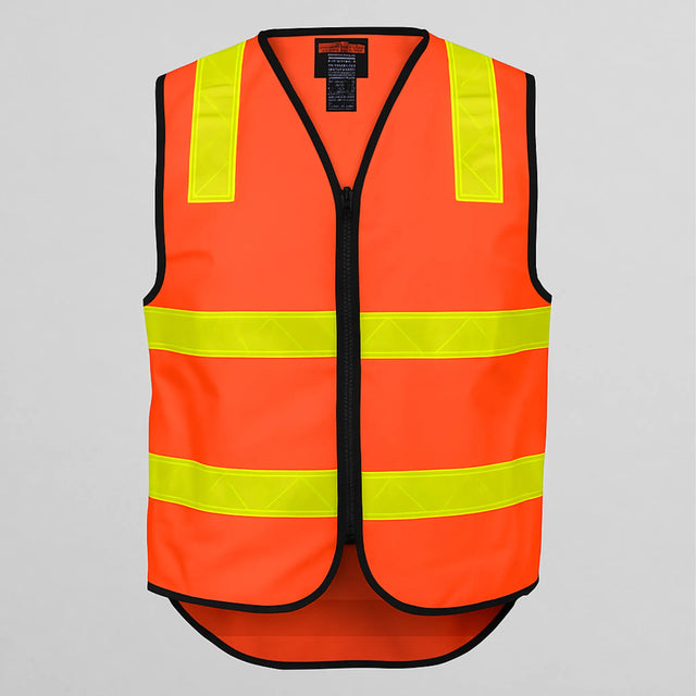 Orange safety vest with reflective yellow stripes on a white background