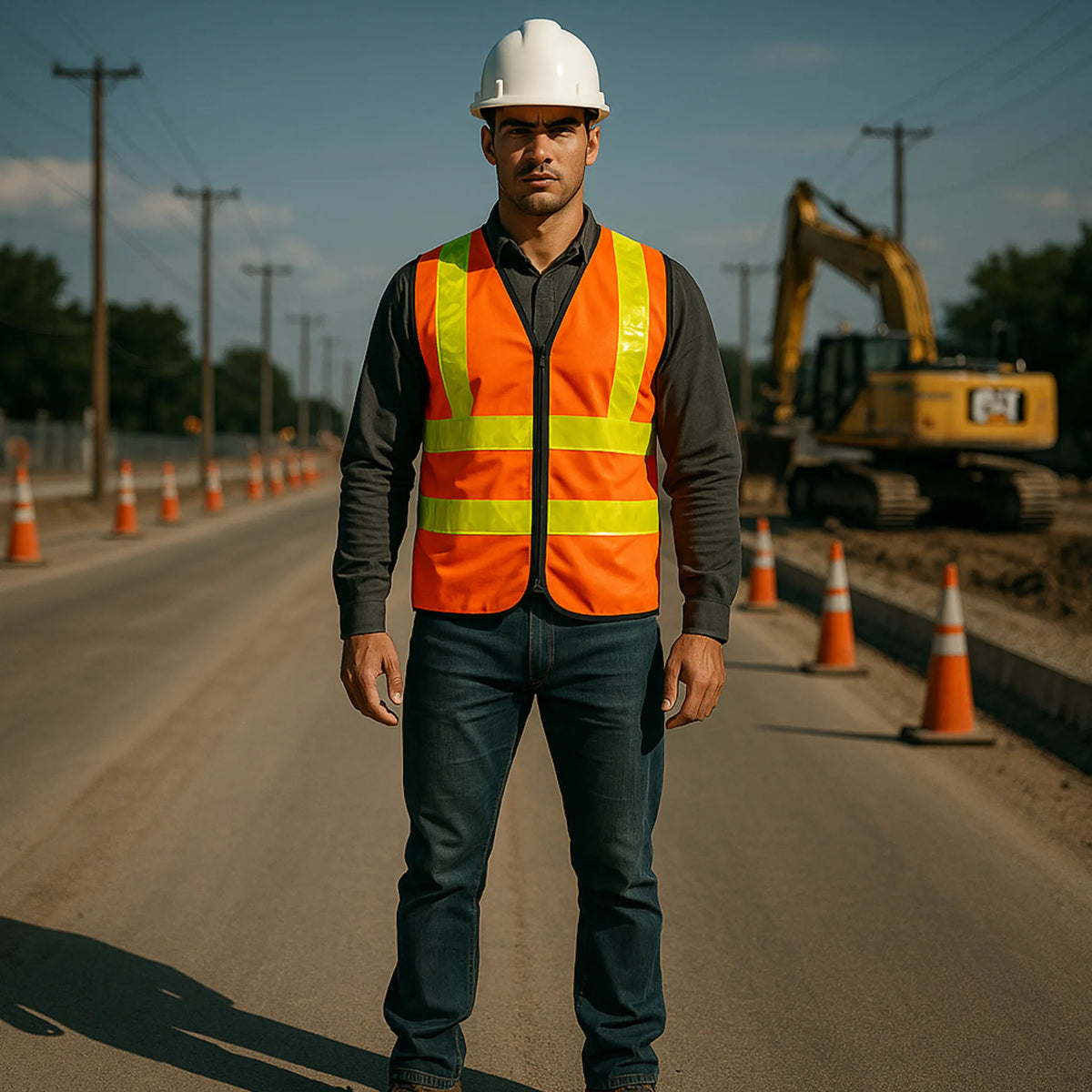 Person wearing a safety vest and hard hat on a construction site with traffic cones and machinery.