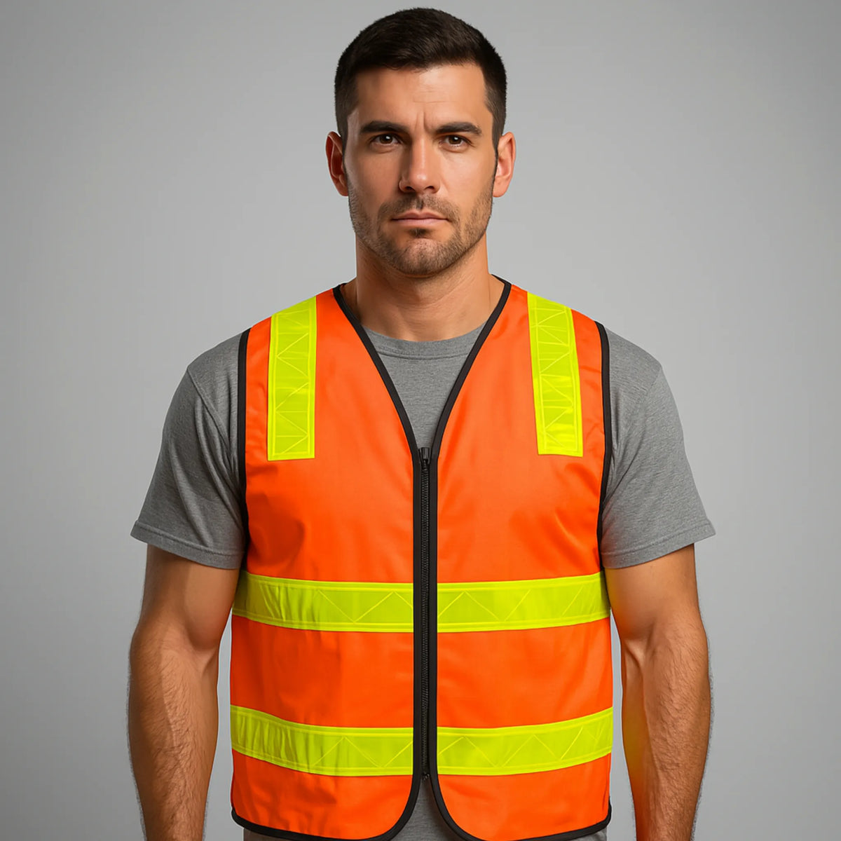 Man wearing an orange safety vest with reflective yellow stripes on a gray background