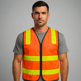 Man wearing an orange safety vest with reflective yellow stripes on a gray background