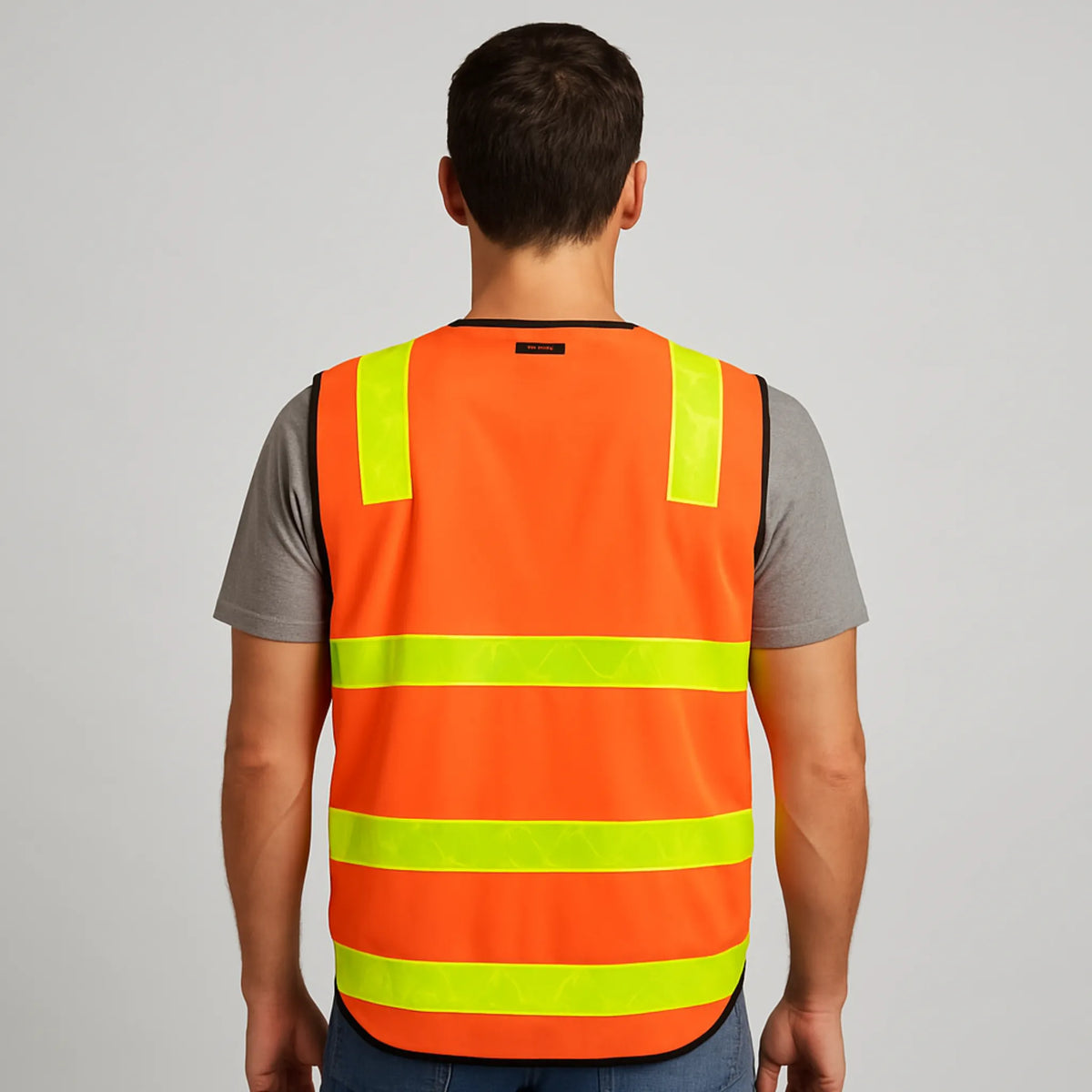 Person wearing an orange safety vest with reflective stripes on a plain background
