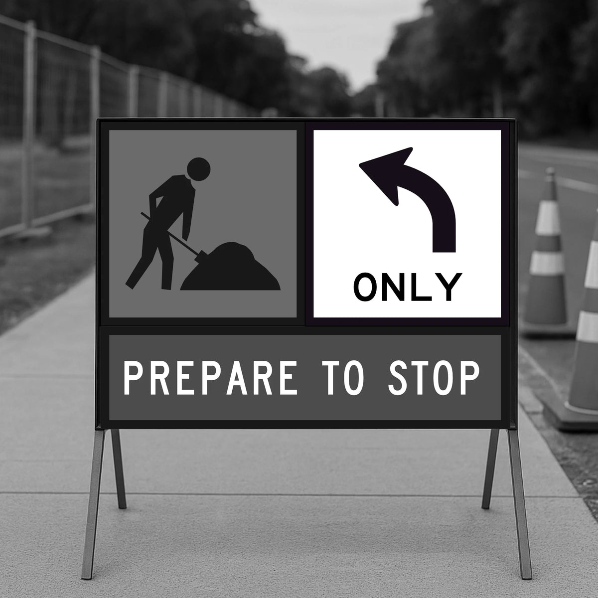 Construction sign with an arrow and text on a road