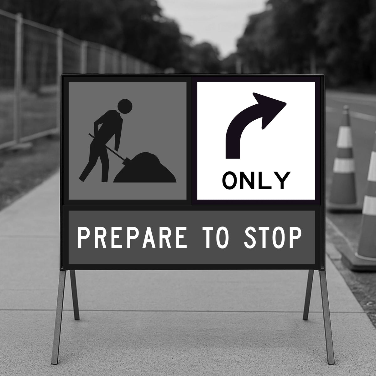 Construction sign with an arrow right only and text 'Prepare to Stop' on a road.