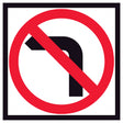 “No Left Turn” symbolic arrow with red annulus and bar on retroreflective white – 600x600mm corflute sign panel.