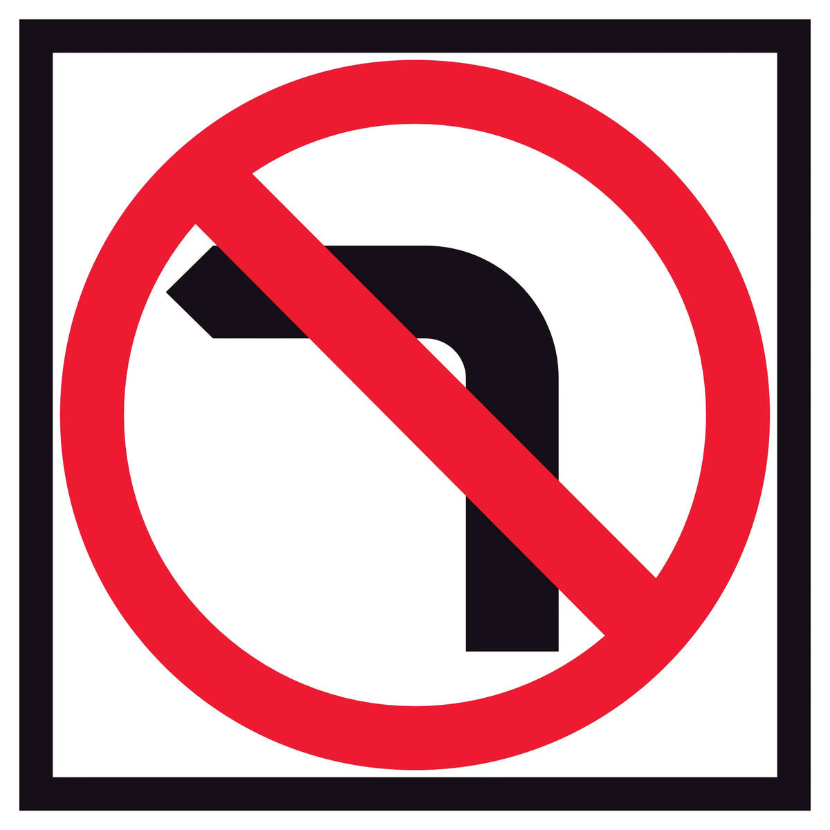 “No Left Turn” symbolic arrow with red annulus and bar on retroreflective white – 600x600mm corflute sign panel.
