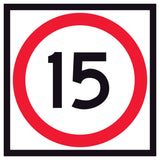 15 km/h Speed Limit Corflute Sign Panel – 600x600mm – RM4-1A(15) – Class 1 reflective white with red annulus and black numerals