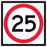 25 km/h speed limit corflute traffic sign panel RM4-1A(25) – 600x600mm, red annulus, black legend, retroreflective white background