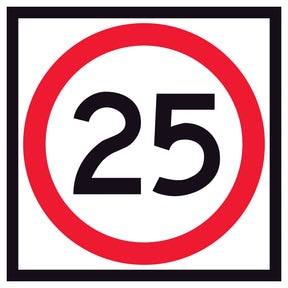 25 km/h speed limit corflute traffic sign panel RM4-1A(25) – 600x600mm, red annulus, black legend, retroreflective white background