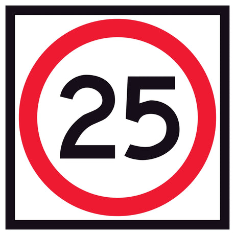 25 km/h speed limit corflute traffic sign panel RM4-1A(25) – 600x600mm, red annulus, black legend, retroreflective white background
