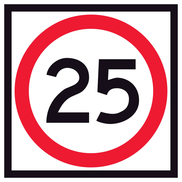 25 km/h speed limit corflute traffic sign panel RM4-1A(25) – 600x600mm, red annulus, black legend, retroreflective white background