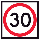 RM4-1A(30) 600x600 mm Square corflute 30 km/h speed-limit sign with a red circle on a white background
