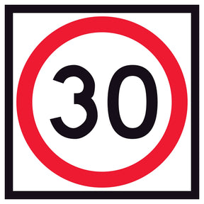 RM4-1A(30) 600x600 mm Square corflute 30 km/h speed-limit sign with a red circle on a white background