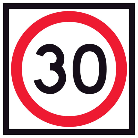 RM4-1A(30) 600x600 mm Square corflute 30 km/h speed-limit sign with a red circle on a white background