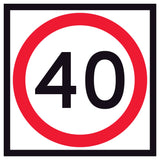 RM4-1A(40) “40 SPEED LIMIT” black numerals with red annulus on retroreflective white – 600x600mm corflute sign panel.