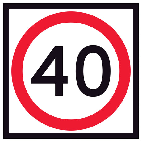 RM4-1A(40) “40 SPEED LIMIT” black numerals with red annulus on retroreflective white – 600x600mm corflute sign panel.