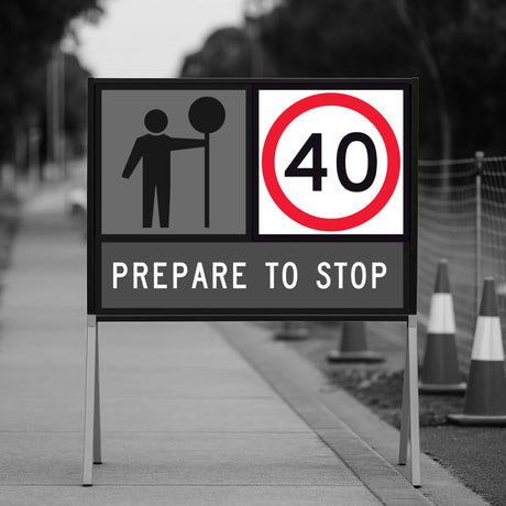 “40 SPEED LIMIT” black numerals with red annulus on retroreflective white – 600x600mm corflute sign panel.