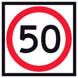 600 mm Square corflute 50 km/h speed-limit sign with a red circle on a white background