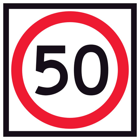 600 mm Square corflute 50 km/h speed-limit sign with a red circle on a white background